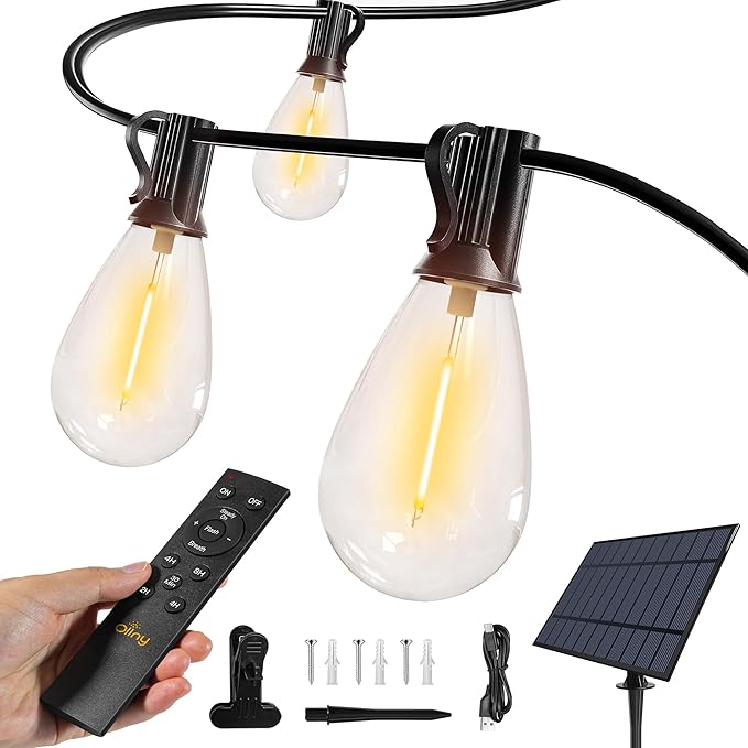 Ollny S11 30FT Solar String Lights Outdoor with Remote Waterproof Dimmable Patio Lights with Timer &amp 3 Lighting Modes 10 Shatterproof Edison Bulbs String Lights for Outside Backyard Party Décor