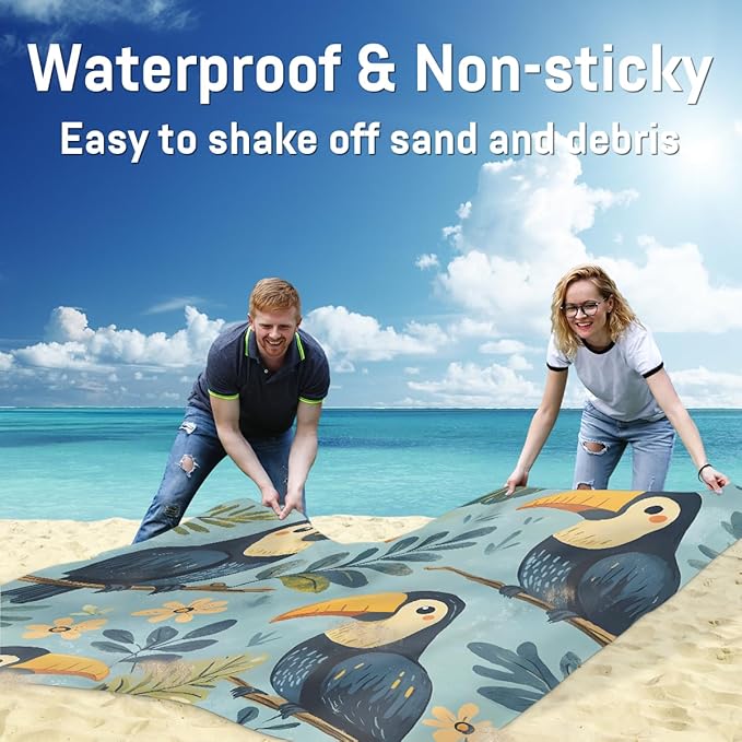 Waterproof Sandproof Beach Blanket 59''×68'' Animals Illustration Polyester Outdoor Picnic Blanket with 4 Stakes &amp Storage Bag for BeachCampingVacation