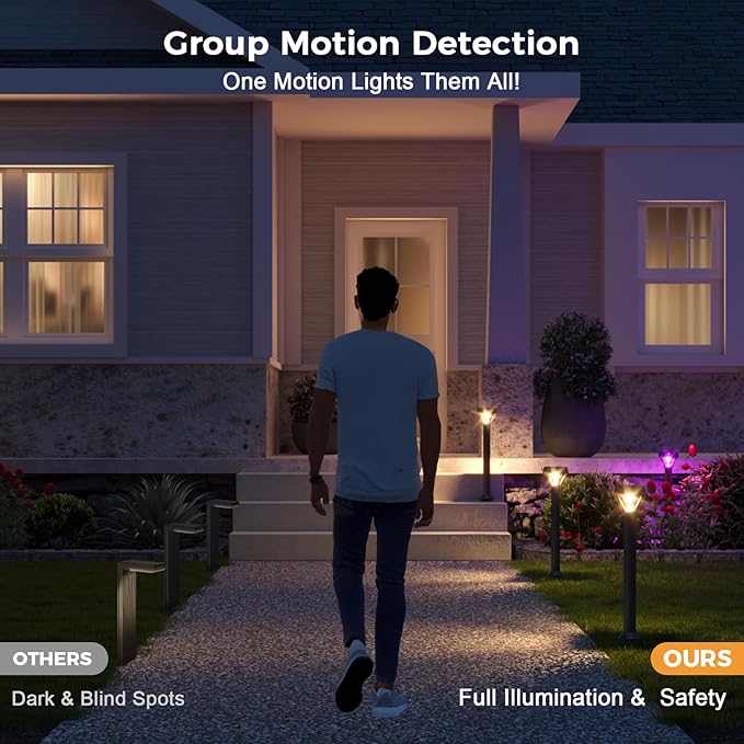 XMCOSY+ Smart Solar Pathway Lights Bluetooth APP Control with Motion Sensor 150LM RGBCW Color Changing Landscape Lighting for Yard Garage Garden Lawn IP65 Waterproof 4 Pack
