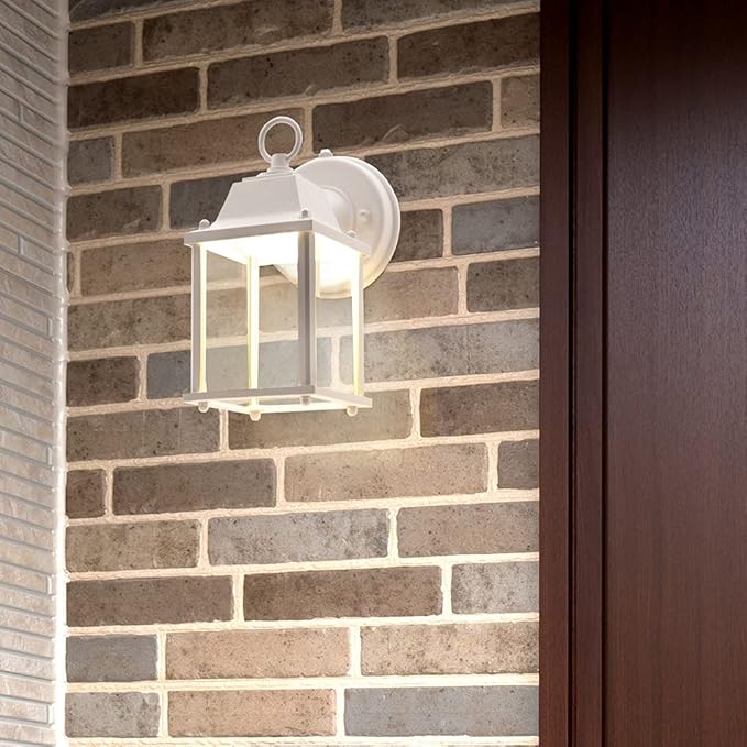 Maxxima LED Porch Lantern Outdoor Wall Light - White with Clear Glass 3000K Warm White 650 Lumens Dusk to Dawn Photocell Light Sensor Patio or Porch Sconce Fixture Exterior Lighting - White