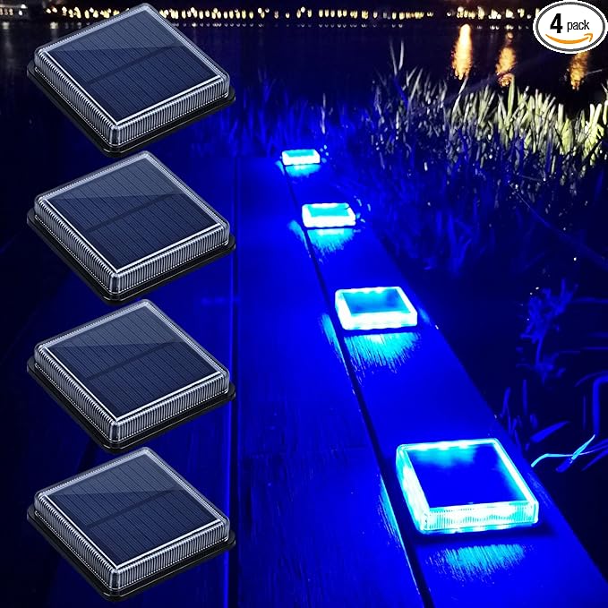Lacasa Blue Solar Deck Lights 4 Pack Dusk to Dawn Large Battery Step Lights Big Solar Powered Waterproof Dock Lights LED Solar Lights Outdoor Garden Stair Driveway Walkway Pathway Warning Lamp