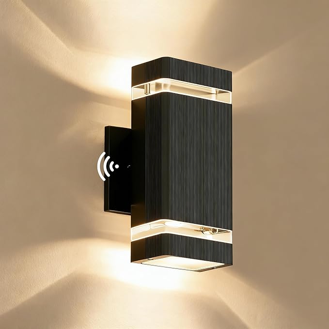 Square Dusk to Dawn Outdoor Lighting Up and Down LED Porch Lights Aluminum Outdoor Wall Lights with 2 * 7W Bulbs 3000K Waterproof Exterior Lighting Fixtures for House Porch Garage Patio Black