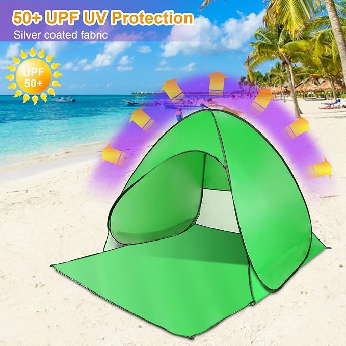 Pop Up Beach Tent Sun Shade Shelter Anti-UV Automatic Beach Tent Canopy for 2-3 People with Net Window Carry Bag for Park Camping (Green)