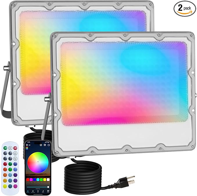RGB LED Flood Lights Outdoor 150W (1400W Equivalent) Color Changing Smart Lights 15000LM Bluetooth App &amp 2.4G Remote Control IP66 Waterproof Music Sync Timer 16 Million Colors(2-Pack)