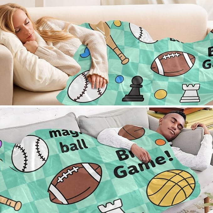 Large Cozy Blanket Balls Goal Green Blue Checkered Pattern Sofa Throws 50x70 Inches