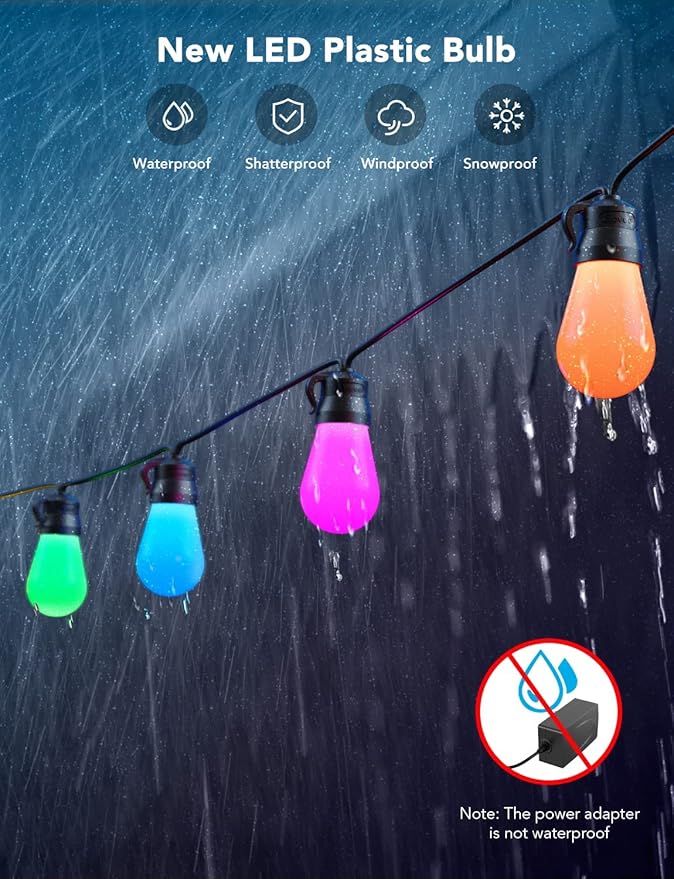 Govee Smart Outdoor String Lights H7016 96ft RGBIC Outdoor Lights with 30 Dimmable LED Bulbs IP65 Waterproof Color Changing Warm White Lights with 47 Scene Modes for Patio Backyard App Control
