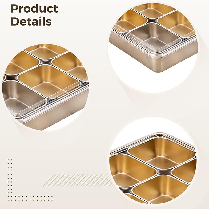 8-Compartment Stainless Steel Yakumi Pan 20.29 Oz / 600 Ml Each Section with Clear Lid and Spoon Commercial Condiment Containers for Tea Ice Jelly Shops