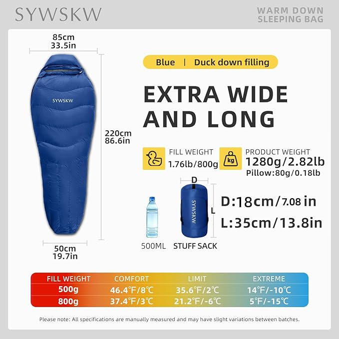 Down Sleeping Bag with Pillow for Backpacking15℉ 5℉ 0℉ Wide Down Sleeping Bag (86.6 in x 33.5 in) for AdultsYouth Camping and Hiking Outdoor with 680FP Duck Down
