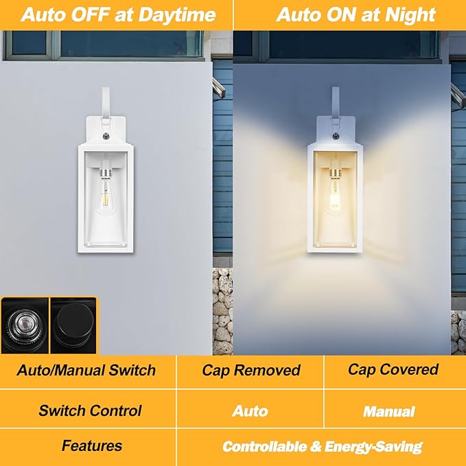 19 Large Dusk to Dawn Outdoor Wall Light White Exterior Lighting Fixtures Outdoor Wall Sconce Industrial Wall Mount Outdoor Light Fixture Waterproof Porch Lights Exterior Lamp for House Garage