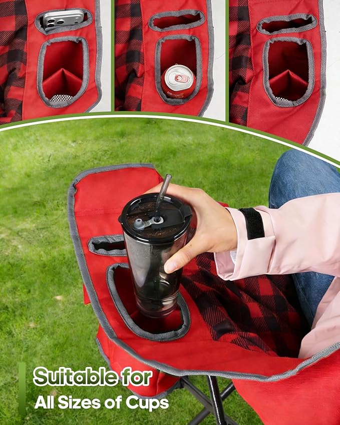 Double Camping Chair Padded Loveseat Camp Couch for Adults Oversized 2 Person Love Seat with 2 in 1 Carry Bag Heavy Duty Folding Outdoor Sofa with Cup Holders for Lawn Beach Tailgating Red