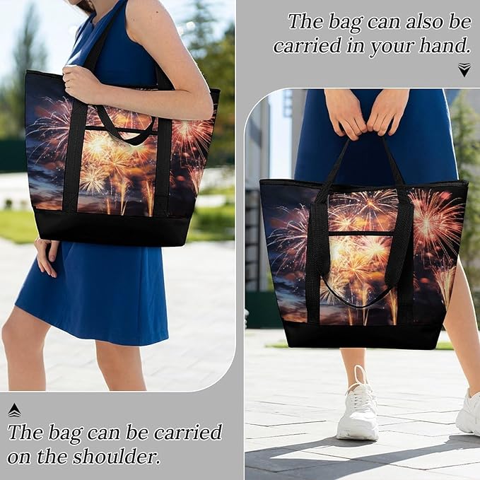 Insulated Shopping BagLarge Reusable Cooler Bags Beautiful Fireworks Printed Foldable Shopping BagTravel Waterproof Shoulder Bag