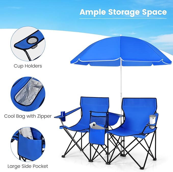 Double Camping Chair with Canopy Folding Camp Chairs w/Cup Holder Cooler &amp Carry Bag Table Side Pocket 2 Person Portable Beach Chair with Umbrella for Picnic Fishing (Blue)