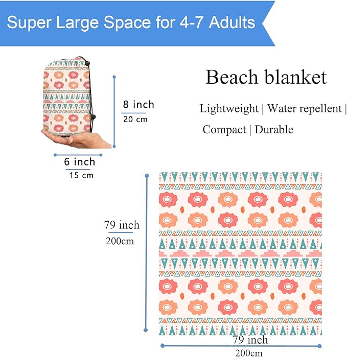 Beach Blanket Sandproof Waterproof 79 X 79 Oversized Outdoor Picnic Blanket Large Sand Free Beach Mat Lightweight Foldable Mat for Travel Camping Festival (Orange Floral Shore)