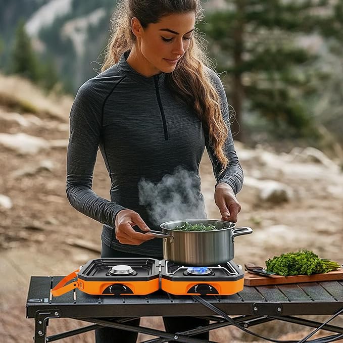Adjustable 2-Burner Portable Stove with 16000 BTU with Camping Grill and Carrying Bag Portable Propane Camp Stove with 2 Burners &amp Piezo Ignition for Camping Backyard BBQTailgating (Orange)
