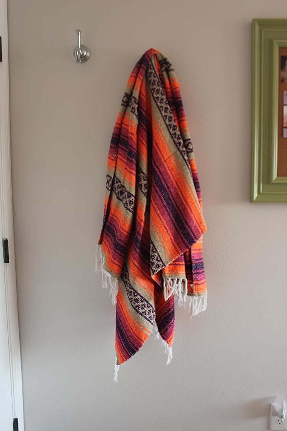 Del Mex Classic Mexican Blanket Large Authentic Woven Falsa Throw (70x50) Artisan Southwest Décor for Beach Yoga Outdoors (Pink/Orange)