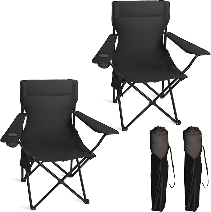 Portable Camping Chair 2 Pack Folding Outdoor Chair with Cup Holder &amp Side Pocket for Camping Hiking Picnic Beach (Black)