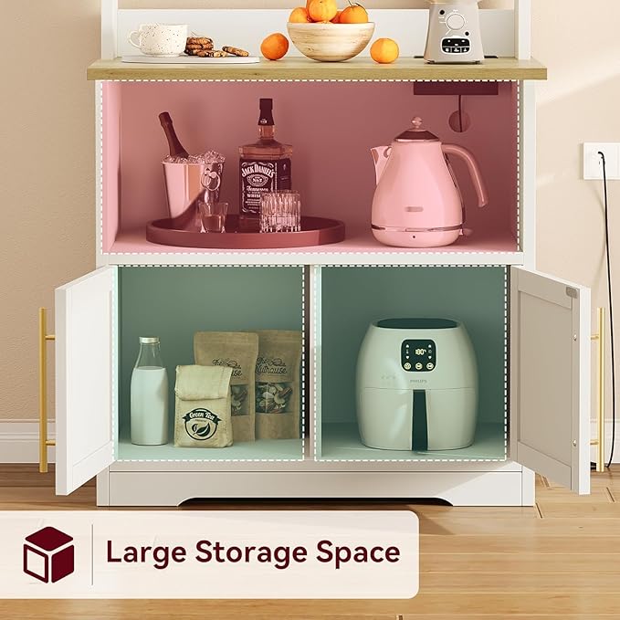 GAOMON Farmhouse Bakers Rack with Storage Cabinet and Charging Station Kitchen Hutch with Thickened Tabletop Power Outlets &amp USB Ports Pantry Organizer Shelf for Kitchen and Dining Room Wood