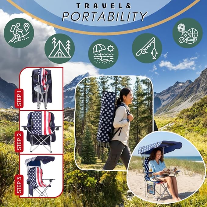 Portable Folding Camping Chairs with Canopy Shade Beach Chair for Adults Durable Weather Resistant 600D Oxford Cloth Camping Chair with Canopy for Outdoors [Flag-2 Pack]