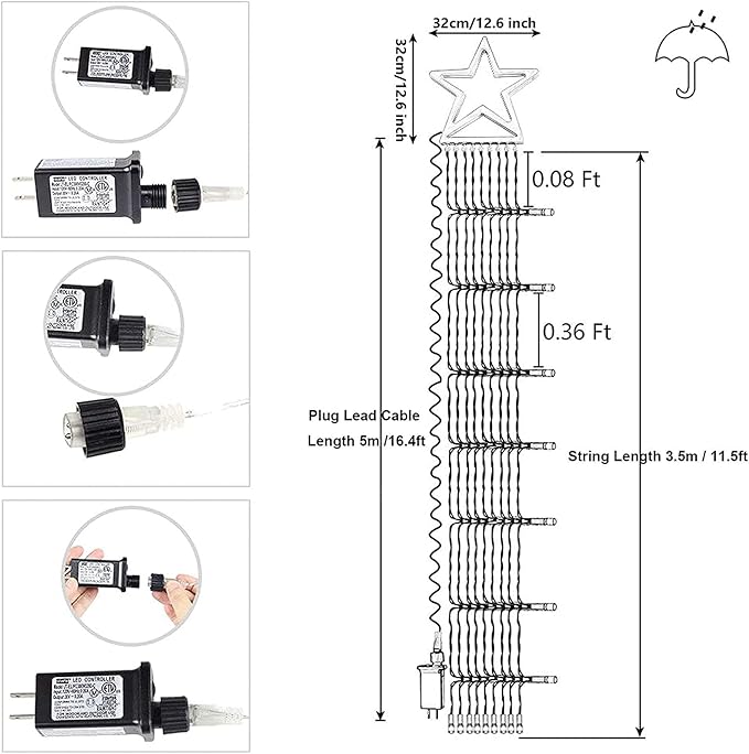 Christmas Decoration Lights Outdoor Christmas String Light 320 LED 11.5 Ft Waterfall Tree Lights with Big Star Topper 8 Light Modes for Xmas New Year Holiday Garden Yard Indoor Outdoor Decor