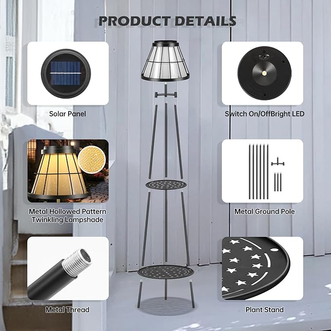 MXwcy 2 Pack Solar Lights Outdoor with Plant Stands Solar Floor Lamp Metal Tripod Patio Lights for Garden Yard Pathway Driveway Front/Back Porch Decoration