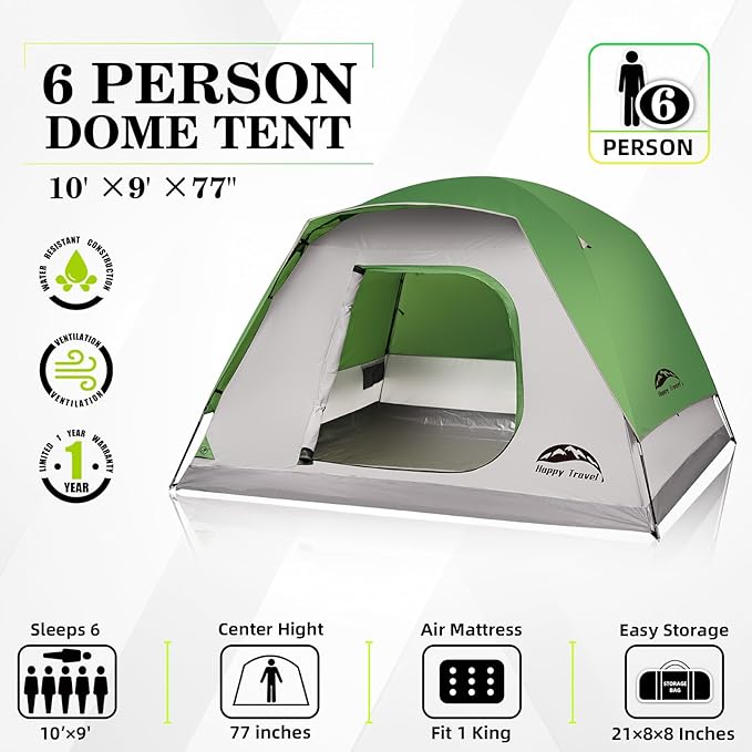 Happy Travel Camping Tent 4/6 Person Dome Tents for Camping with Rainfly Waterproof Clip Easy Setup Portable Family Tent with Mesh Windows 20% More Headroom Backpacking Tents for Camping &amp Hiki