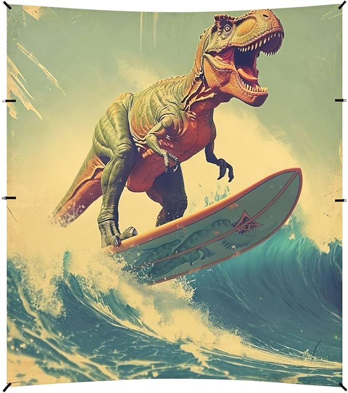 Dinosaur on Surfboard Beach Tent Sun Shelter 9.2' x 10.5' Beach Canopy with 4 Sandbags 4 Stability Poles Sand Shovels - Tent Canopy for Beach Camping Fishing Picnics