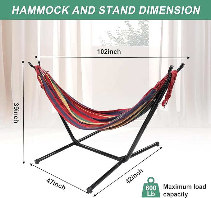 Hammock with Stand for Outside600lb Weight Capacity Adjustable Height 3-in-1 Portable Hammock for Outdoor&ampIndoor Camping Backyard Bedroom(Hammock Stand &amp Carry Bag)