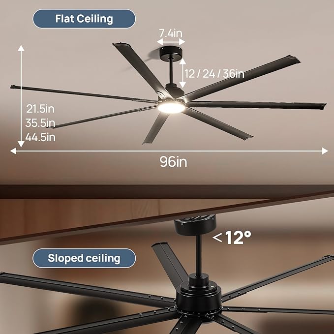 96 Inch Industrial Ceiling Fans with LightBlack HVLS Ceiling Fan with 6 Speeds Reversible MotorHigh CFM Indoor/Outdoor Ceiling Fan with 7 Aluminum Blades for Barn shopCommercial