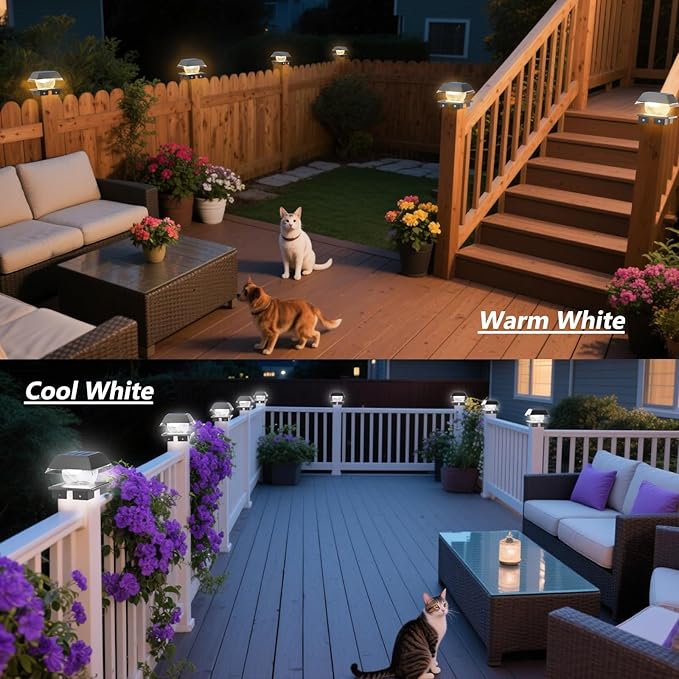 Sumaote Solar Post Cap Lights for 4x4 Wood &amp Vinyl Fence Adjustable Base - 2-Color Modes 3000K/6000K IP65 Waterproof 120 Lumens Dusk to Dawn Outdoor Deck Lighting 4 Pack Black