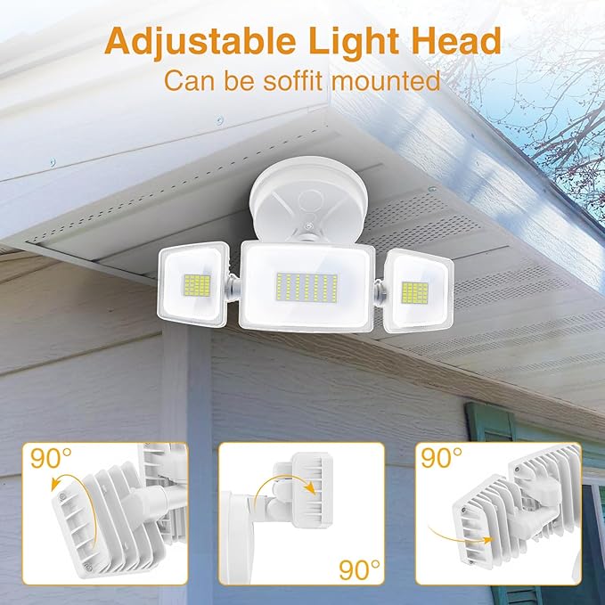Onforu 75W Flood Lights Outdoor 7000LM Brightness Security Lights Switch Controlled 3 Adjustable Heads IP65 Waterproof 6500K Wall Mount Exterior LED Flood Light