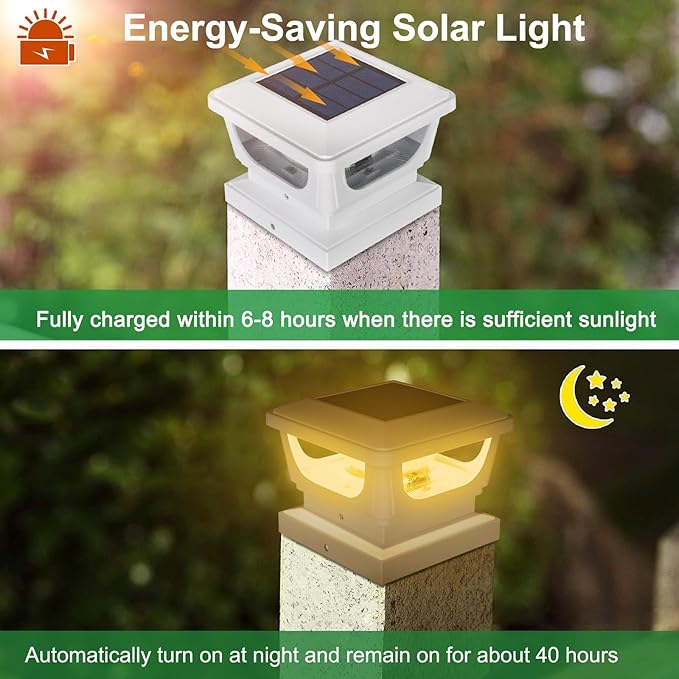 Sumaote 120 Lumen Solar Post Cap Light Outdoor Fits 4 x 4 Wood 3x3 &amp 4x4 PVC/Vinyl Posts 3000K Warm White Fence Deck Post Lights Solar Powered for Garden Yard Railing IP65 Waterproof 4 Pack