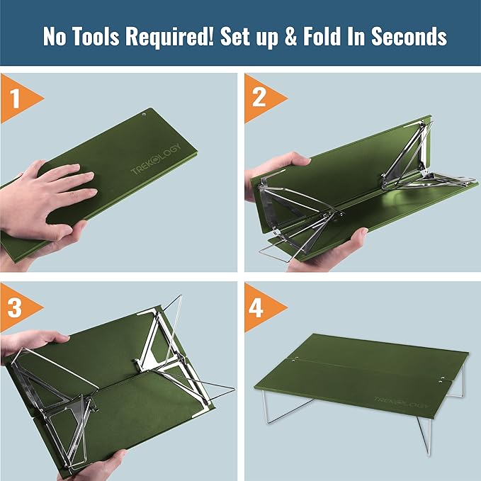 TREKOLOGY Compact Mini Camping Table – Portable Ultralight Folding Design – Small Lightweight Surface for Hiking Backpacking Beach or Nightstand Use – Collapsible Outdoor Gear (Green)