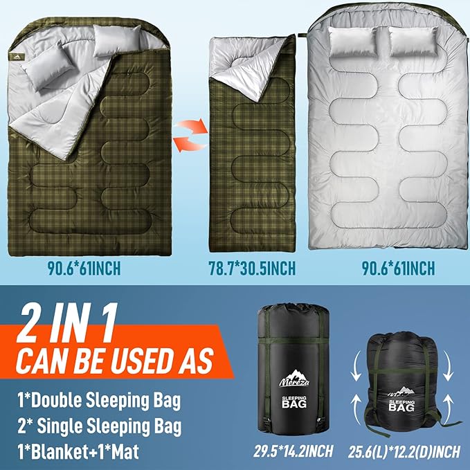 MEREZA Double Sleeping Bag for Adults Mens with Pillow XL Queen Size Two Person Sleeping Bag for All Season Camping Hiking Backpacking 2 Person Sleeping Bags for Cold Weather &amp Warm