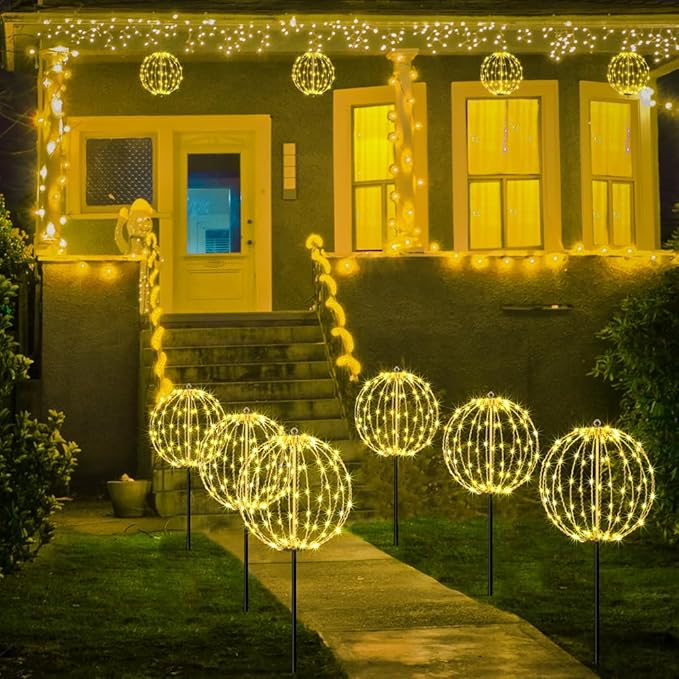 LIGHTSHARE 12IN 96LED Light Ball Yard Decoration Pathway Lights Sphere Light with Fold Flat Metal Frame Indoor Outdoor Waterproof Garden Lights Plug in