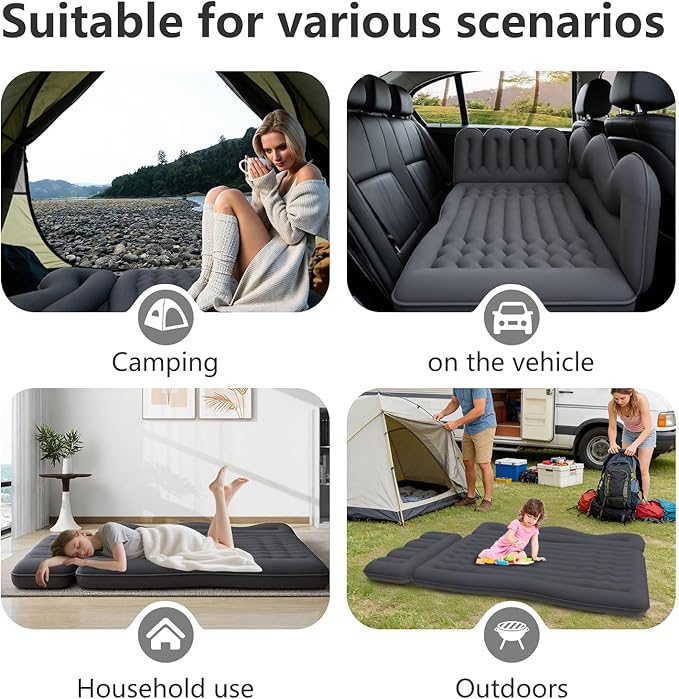 Car Air Mattress Inflatable SUV Truck Camping Mattress for Back Seat Thickened Travel Car Bed Sleeping Pad with 2 Round air-Filled BolsterAir Pump and 2 Pillows (Black)