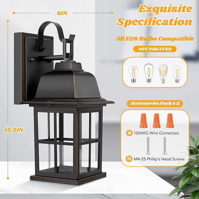 2-Pack Outdoor Wall Sconces 100% Aluminium Oil-Rubbed Bronze Exterior Light Fixtures Wall Mount Waterproof &ampAnti-Rust Outside Wall Lanterns Porch Lights for House Garage Doorway Bulbs Not Inclu