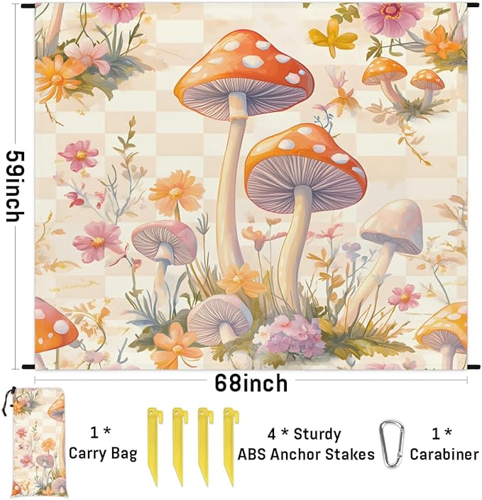 Waterproof Sandproof Beach Blanket 59''×68'' Mushrooms Decoration Polyester Outdoor Picnic Blanket with 4 Stakes &amp Storage Bag for BeachCampingVacation Beige