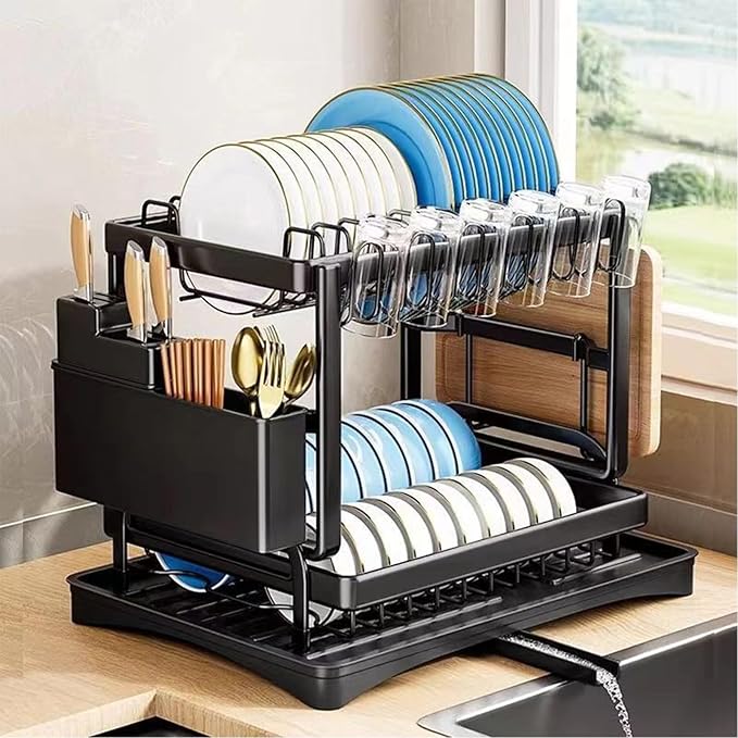 BCWW 2-Tier Dish Racks for Kitchen Counter Multifunctional Dish Drying Rack Large Capacity Metal Kitchen Dishes Drying Rack Plate Organizer for Bowls/Cups/Bottles (Black)