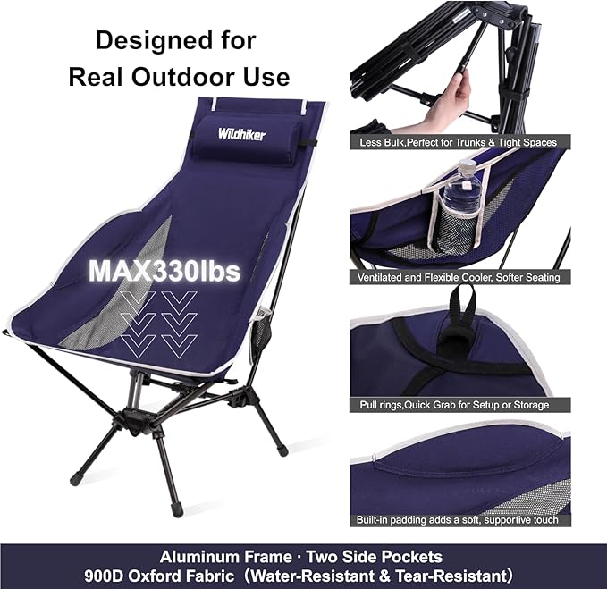 Wildhiker Portable Compact Folding Camping Chairs – Lightweight High Back with Pillow Deep Recline ArmPads Side Pockets-for Motorcycle RV Backpacking Travel Festival – Indigo Blue