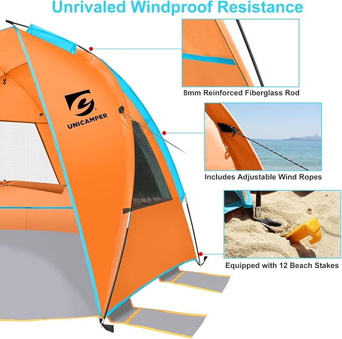 Beach Tent 2-3 Person Sun Shelter UPF 50+ with Extended Waterproof Pe Floor &amp 3 Mesh Roll Up Windows Fits Portable Beach Shade Easy Setup for Outdoor Camping Indoor Fishing Yard. (Orange)