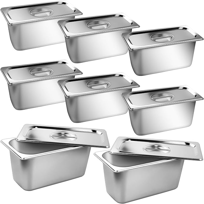 Stainless Steam Hotel Pan1/3 Size 6 Inch Deep Steam Table Pan with Lid 8 Pack 0.8 mm Thick Anti Jam Pan Stainless Steel Steamer Pan for Commercial Party RestaurantHotel