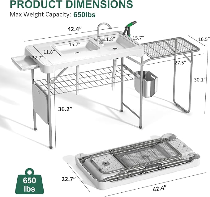 42.5 Fish Cleaning Table with Dual Sink Portable Folding Camping Table with Foldable Extension Stand Faucet Sprayer Grid Rack Hose Hook Up &amp Knife Groove Outdoor Sink Station for Picnic