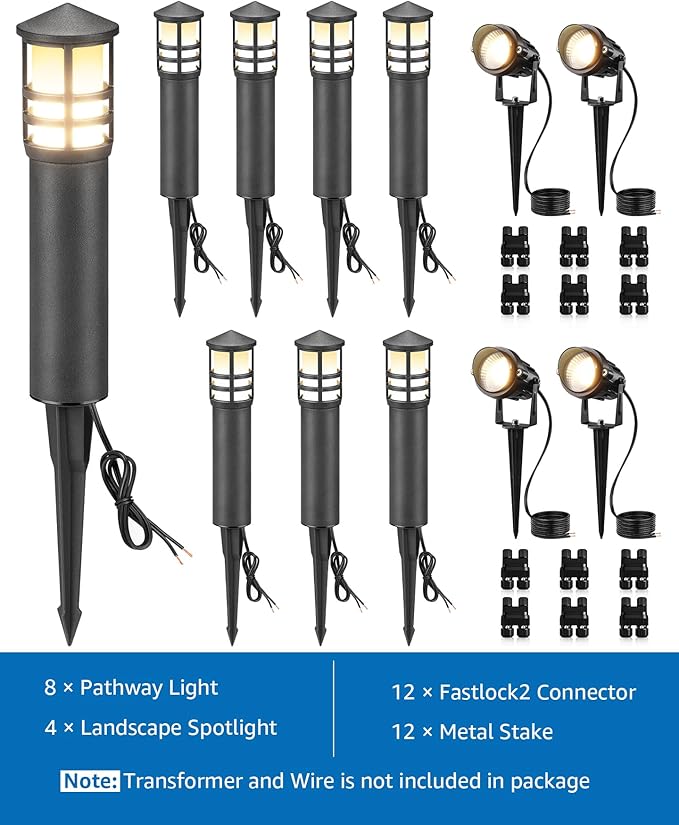 SUNVIE 12-Pack Low Voltage Landscape Lighting Kit LED Bollard Pathway Lights Wired with Spotlights for Garden Path Yard Patio Cast-Aluminum IP65 Waterproof 12-24V AC/DC 3000K Warm White Black