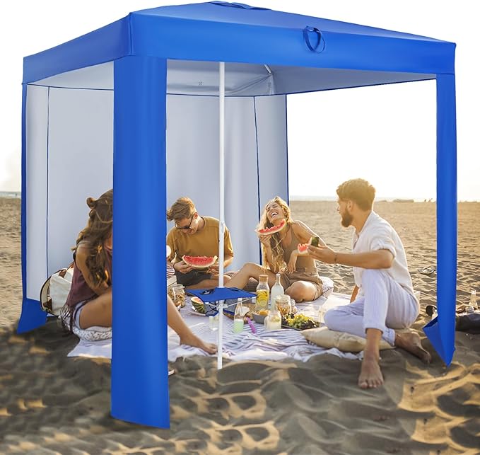 HAPPYGRILL Beach Canopy with Folding Table Outdoor Cabana with Detachable Sidewall Carrying Bag UPF 50+ Protection Sandbags Portable Outdoor Sun Shelter Tent for Beach Backyard