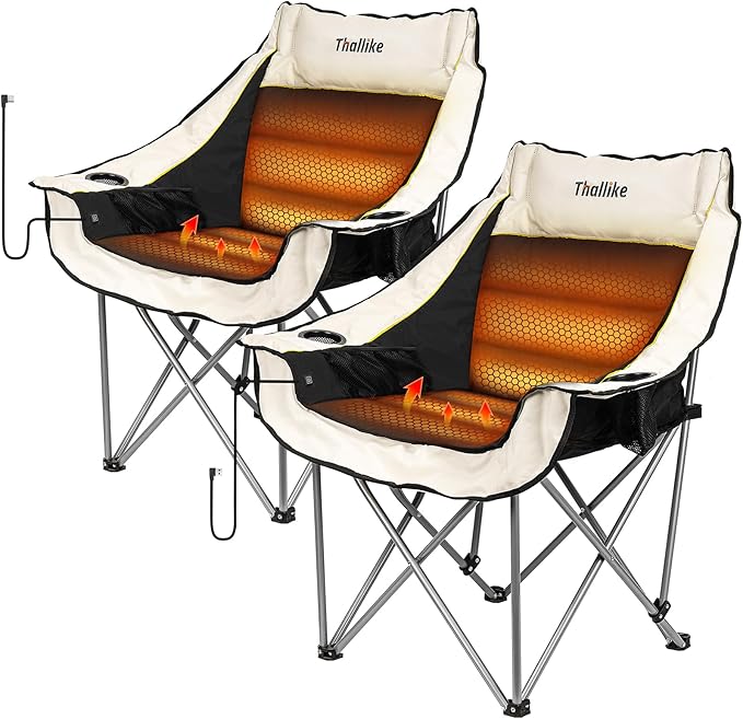 Heated Oversized Camping Chair for Adults Portable Folding Padded Chair with 3 Heat Levels Cup Holder Side Pocket and Carry Bag for Camping Outdoor Sports Picnic Black 2 Pack Set Supports up to 450lbs