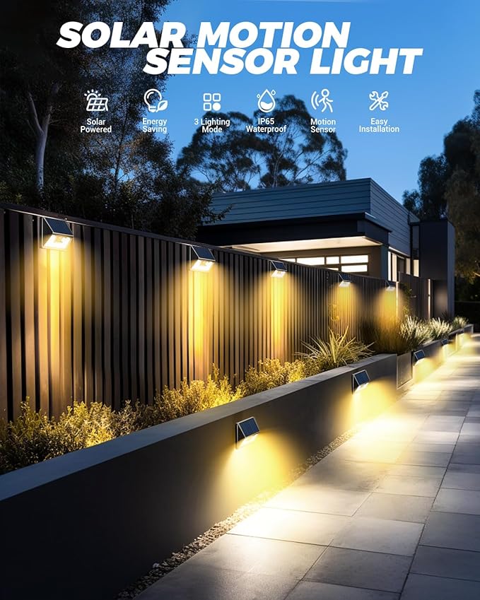 12 Pack Solar Fence Lights Motion Sensor Deck &amp Wall Lights - Warm White LED Wireless Waterproof Outdoor for Yard Steps &amp Garden - Black