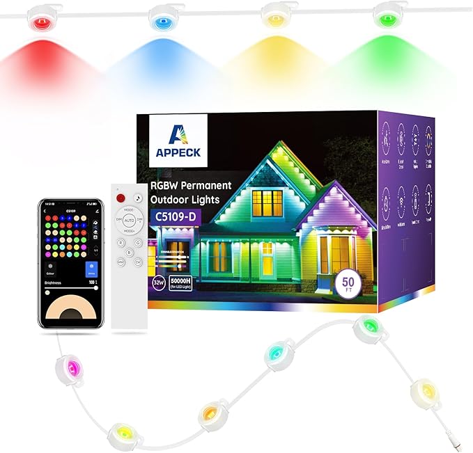 APPECK Permanent Outdoor Lights 50ft with 36 RGBW LEDs 111 Scene Modes Eaves Lights with 40lm Warm White for Daily Holiday House Decor App/Voice/Remote Control White