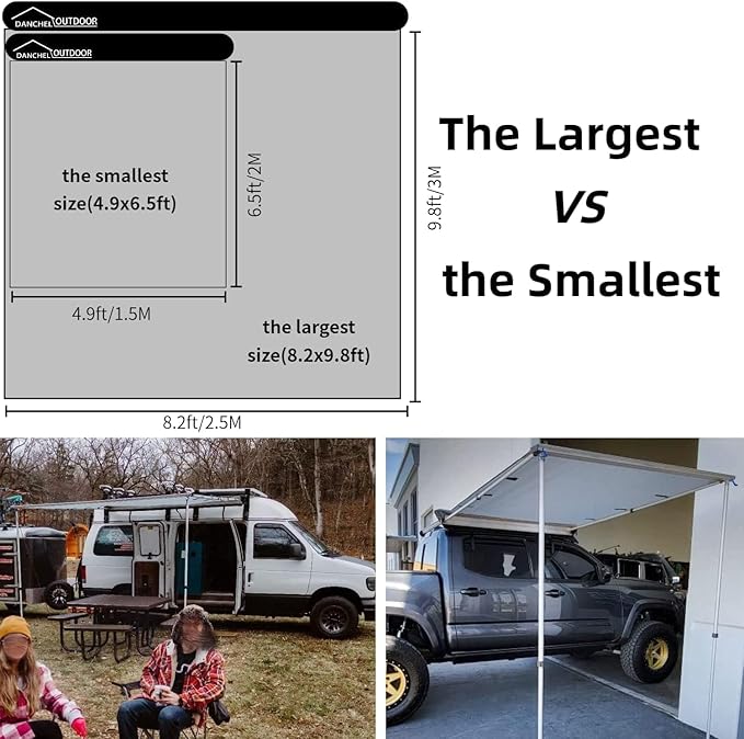 DANCHEL OUTDOOR Car Awning 8.2x9.8ft Roof Rack Pull-Out Sun Shelter Canopy Waterproof 4x4 Vehicle Side Overland Awning Camping Gray