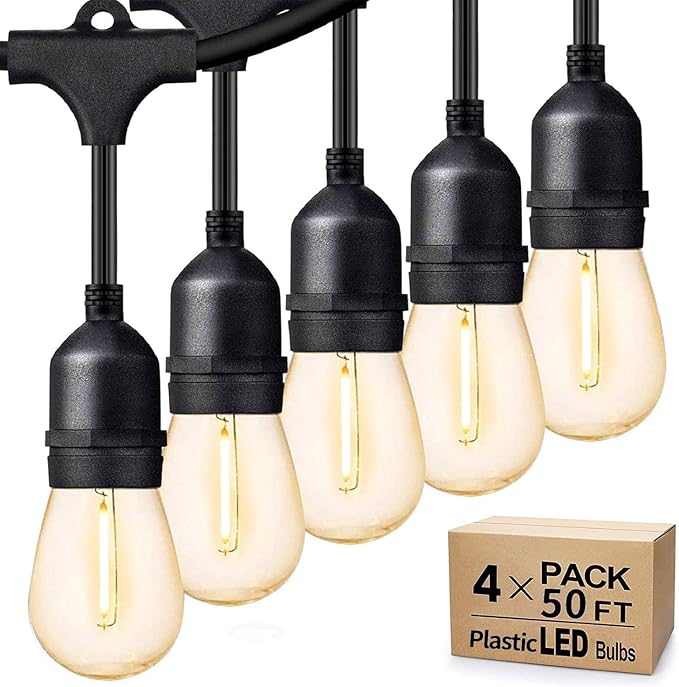 Svater Outdoor String Lights 200 FT E26 Socket 64pc S14 Shatterpoof Bulbs 1 Watt Dimmable 2700K Warm White IP65 Waterproof Commercial Grade Patio Light (4 Pack X 50FT)