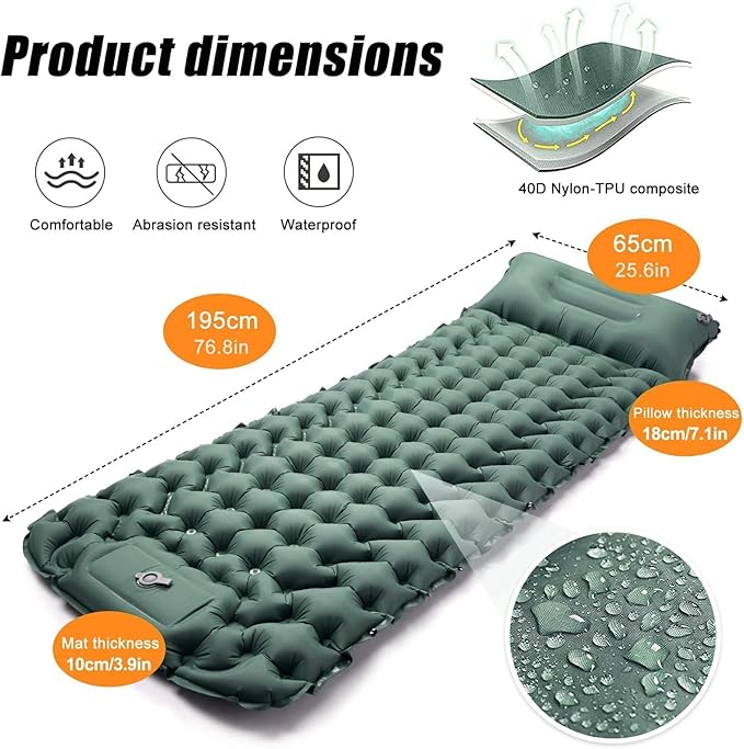 Camping Sleeping Pad Extra Thick Ergonomic Camping Mattress with Built-in Pump Lightweight and Compact for Backpacking Hiking Tent
